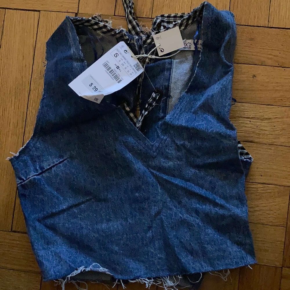 Zara denim top with bows sz s NWT
